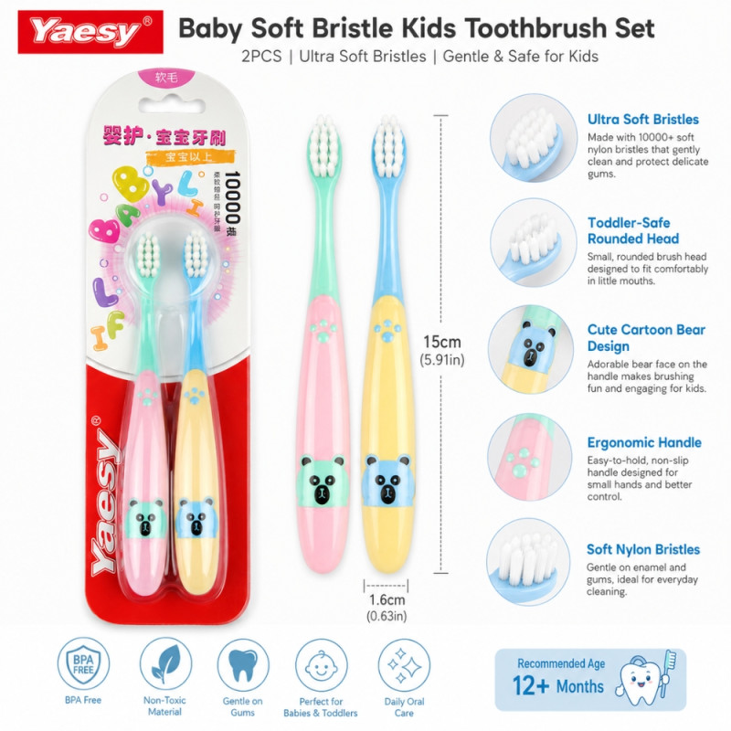 Questioning bear-themed 10000 nano bristle children's toothbrush set in pink and blue – Multi color (15cm)