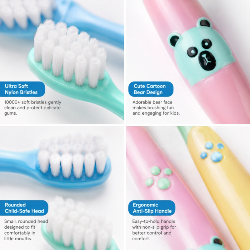 Questioning bear-themed 10000 nano bristle children's toothbrush set in pink and blue – Multi color (15cm)