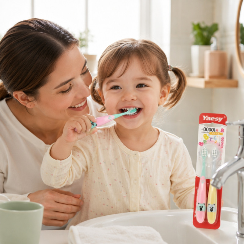 Questioning bear-themed 10000 nano bristle children's toothbrush set in pink and blue – Multi color (15cm)