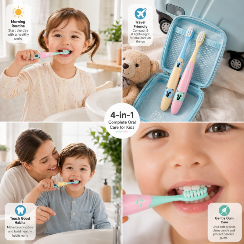 Questioning bear-themed 10000 nano bristle children's toothbrush set in pink and blue – Multi color (15cm)