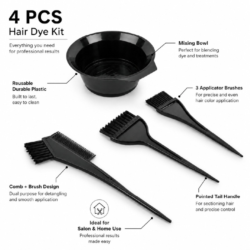 Sleek Professional 4-Piece Plastic Hair Color Dye Brush &amp; Mixing Bowl Set – Black
