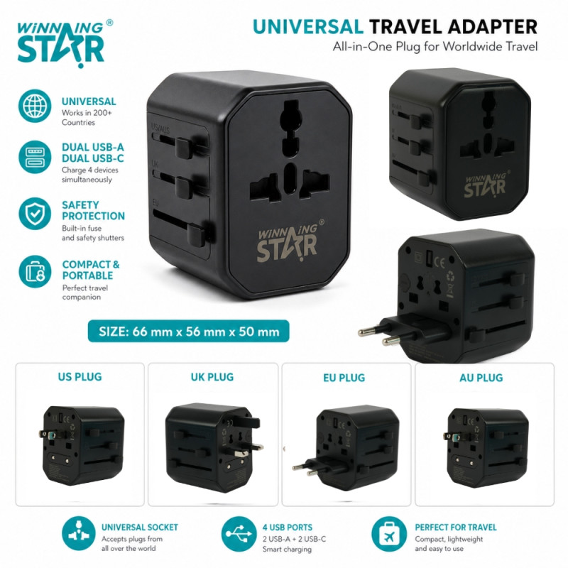 5-in-1 Multi-Universal Travel Adapter – USB-C & Triple USB-A Ports