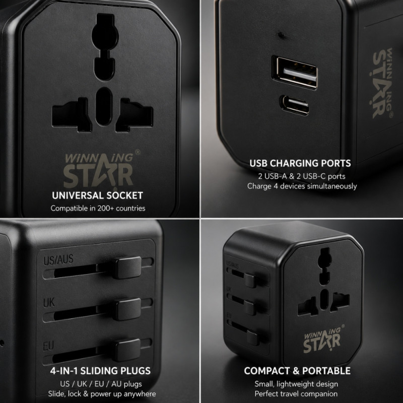 5-in-1 Multi-Universal Travel Adapter – USB-C & Triple USB-A Ports