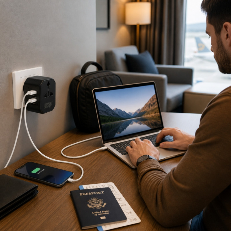 5-in-1 Multi-Universal Travel Adapter – USB-C & Triple USB-A Ports