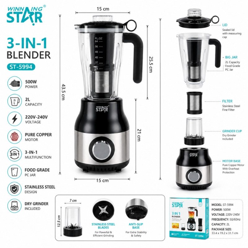 High-Performance Winning Star ST-5994 3-in-1 blender with a stainless steel and black finish – Black &; White (43.5 x 15cm)
