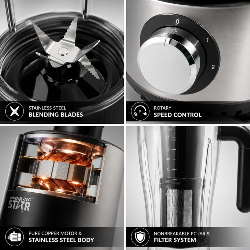 High-Performance Winning Star ST-5994 3-in-1 blender with a stainless steel and black finish – Black &; White (43.5 x 15cm)