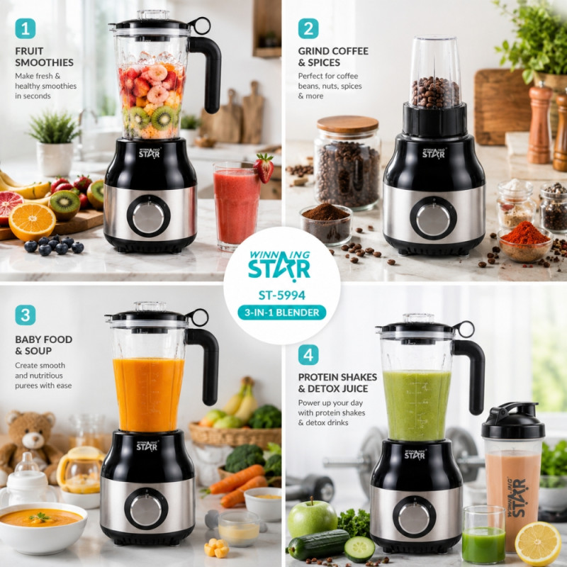 High-Performance Winning Star ST-5994 3-in-1 blender with a stainless steel and black finish – Black &; White (43.5 x 15cm)