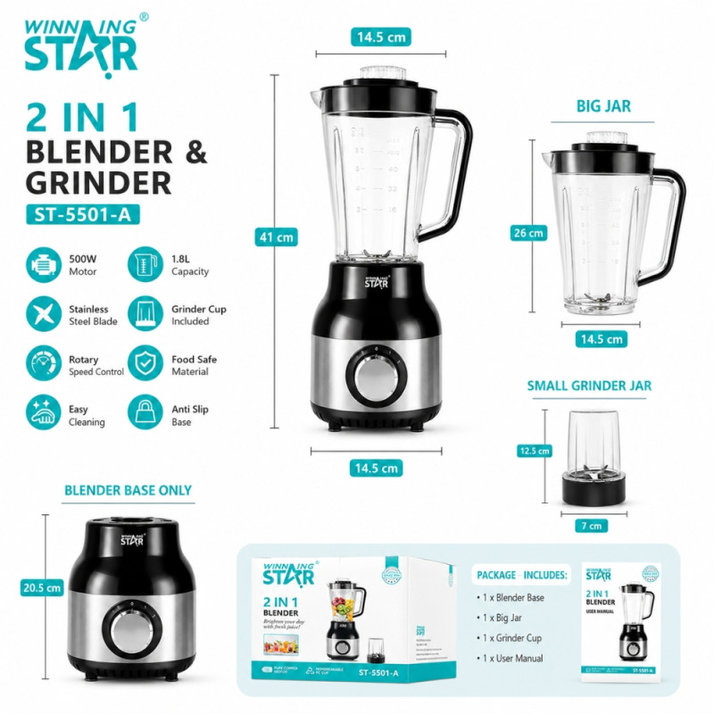 Reliable Winning Star ST-5501-A blender and grinder set, a 500W kitchen appliance featured – Black &amp; Silver (41 x 14.5cm)