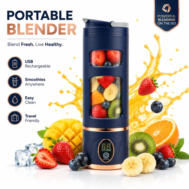 Inclusive generic rechargeable portable blender frequently marketed for making smoothies and juices on the go – blue (24.5 x 8cm)