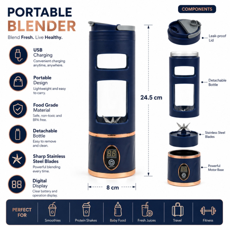 Inclusive generic rechargeable portable blender frequently marketed for making smoothies and juices on the go – blue (24.5 x 8cm)