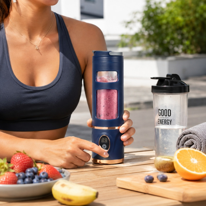 Inclusive generic rechargeable portable blender frequently marketed for making smoothies and juices on the go – blue (24.5 x 8cm)