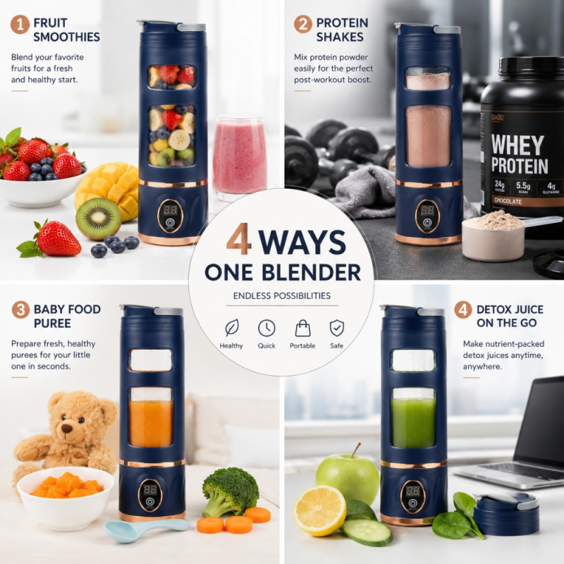 Inclusive generic rechargeable portable blender frequently marketed for making smoothies and juices on the go – blue (24.5 x 8cm)