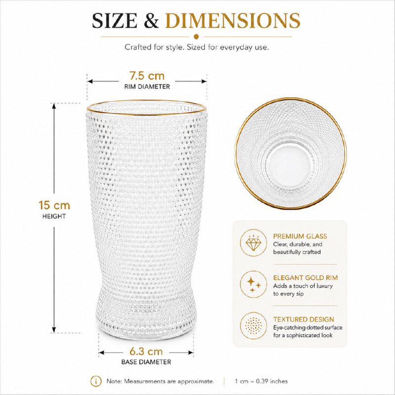 Textured Glass Tumbler with a Gold Rim – 15 x 7.5 cm – Transparent