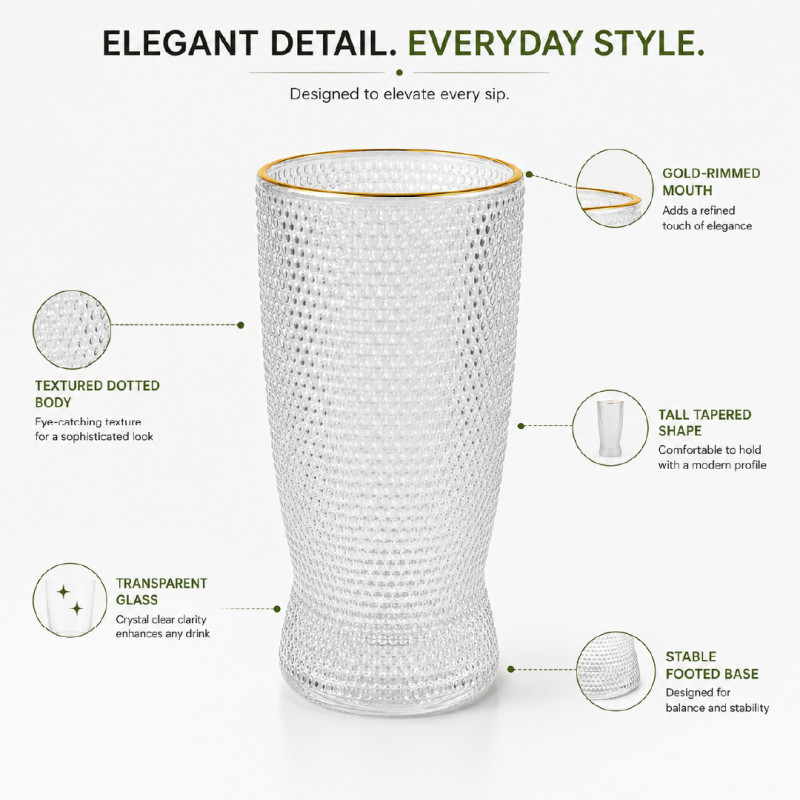 Textured Glass Tumbler with a Gold Rim – 15 x 7.5 cm – Transparent