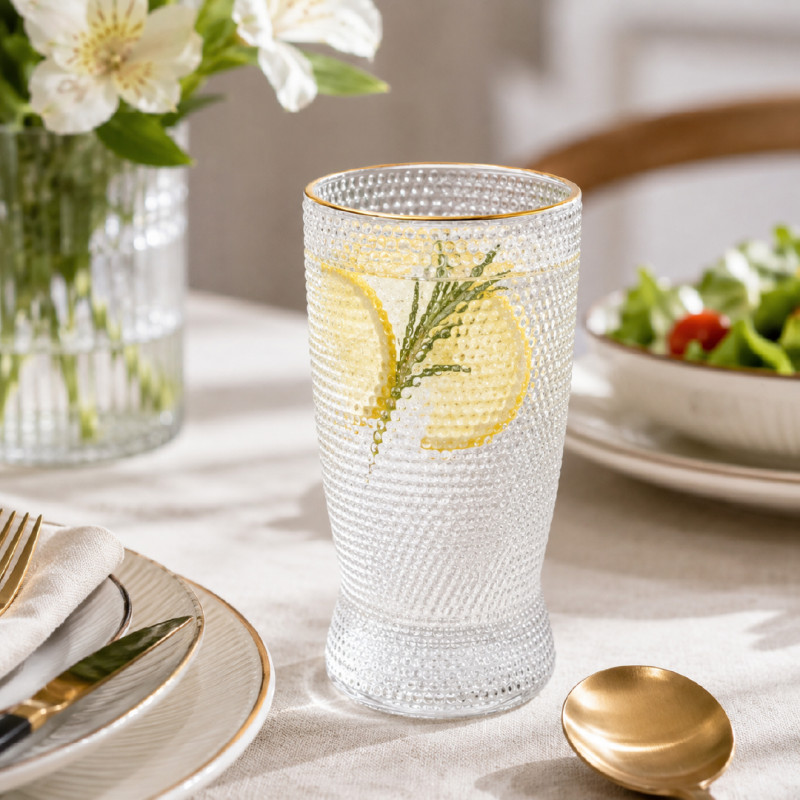 Textured Glass Tumbler with a Gold Rim – 15 x 7.5 cm – Transparent