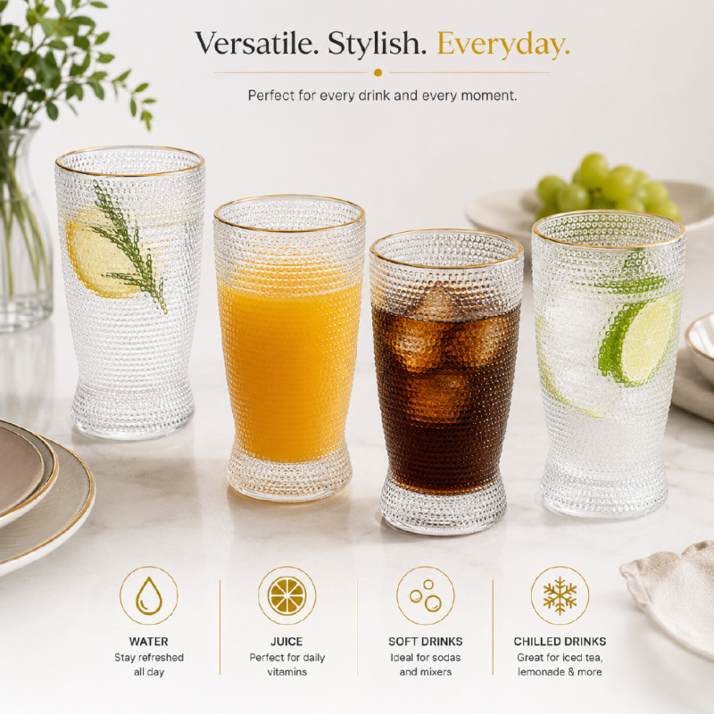 Textured Glass Tumbler with a Gold Rim – 15 x 7.5 cm – Transparent