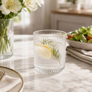 Elegant Ribbed Glass Tumbler with Thick Base | 9x7cm Transparent
