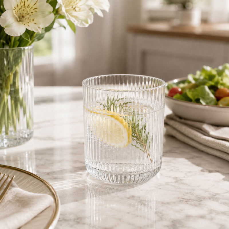Elegant Ribbed Glass Tumbler with Thick Base | 9x7cm Transparent