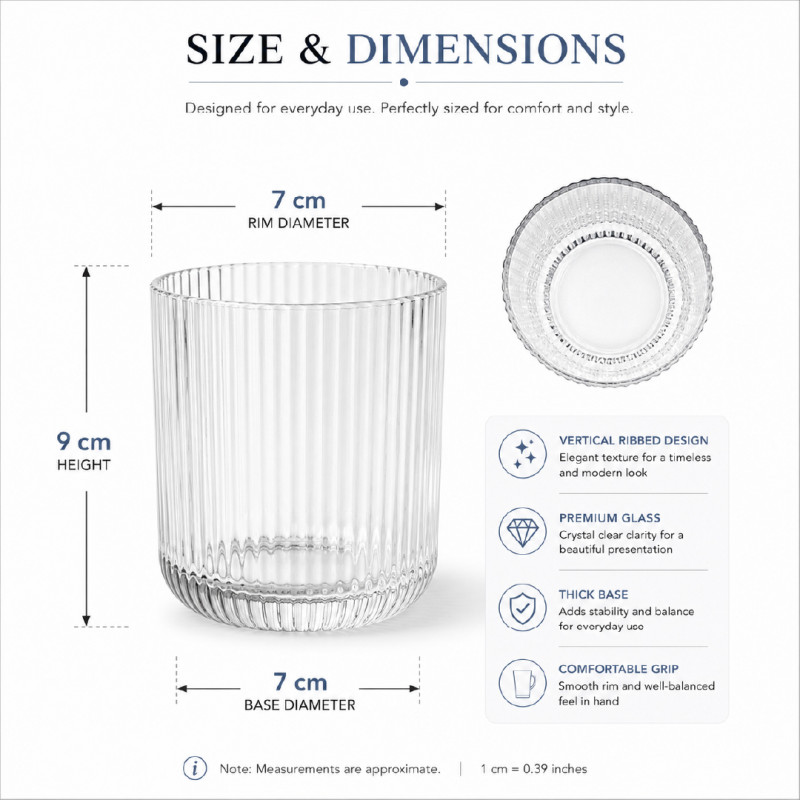 Elegant Ribbed Glass Tumbler with Thick Base | 9x7cm Transparent