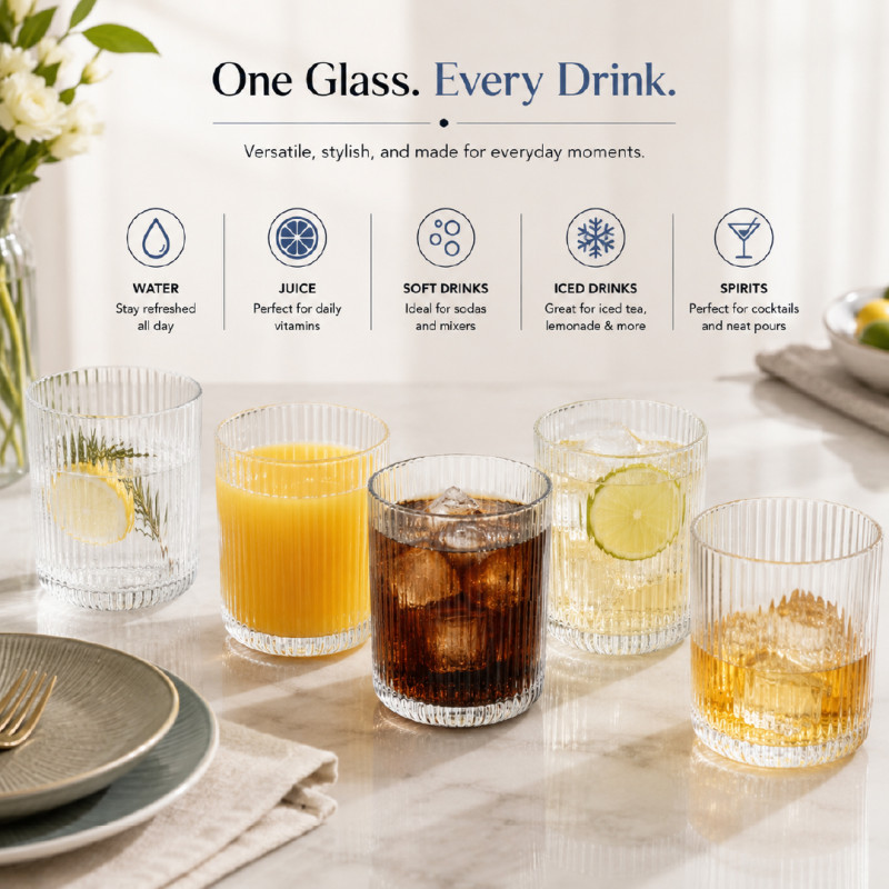 Elegant Ribbed Glass Tumbler with Thick Base | 9x7cm Transparent