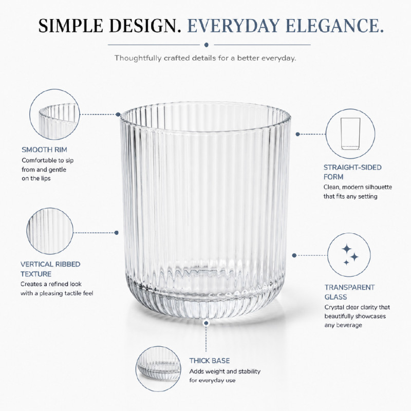 Elegant Ribbed Glass Tumbler with Thick Base | 9x7cm Transparent