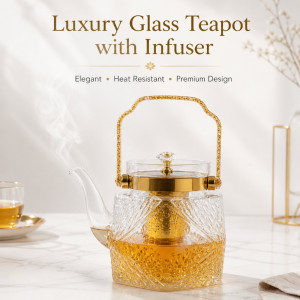Professional Glass Teapot with Golden Metal Infuser & Handle – Elegant Transparent Design (15cm)
