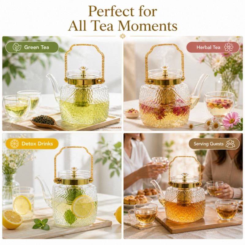 Professional Glass Teapot with Golden Metal Infuser &amp; Handle – Elegant Transparent Design (15cm)