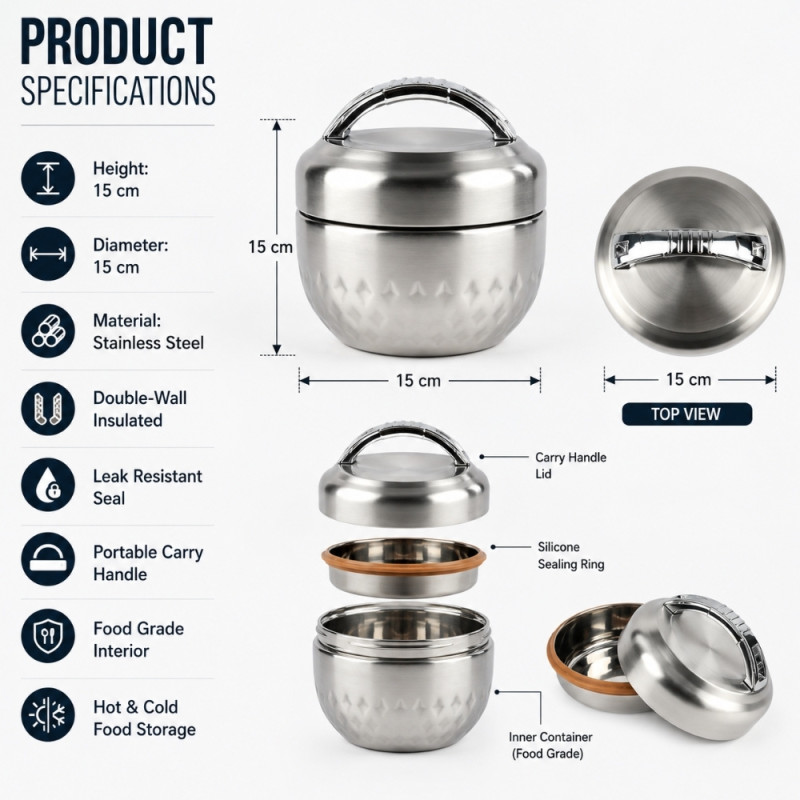Clear Shield Lunch Box Designed for Meal Prep & On-the-Go Dining – Stainless Steel (H-15, W-15, L-15 CM)