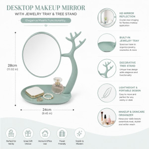 Elegant Green Tabletop Makeup Mirror with Integrated Jewelry Tray & Branch-Shaped Stand