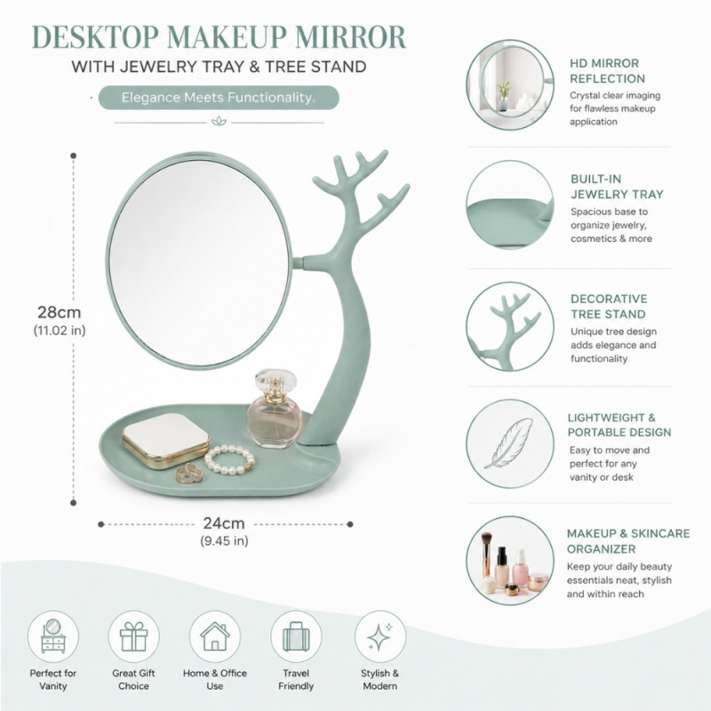 Elegant Green Tabletop Makeup Mirror with Integrated Jewelry Tray &amp; Branch-Shaped Stand