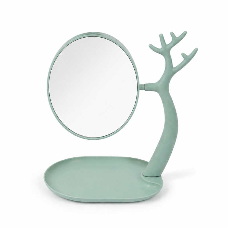 Elegant Green Tabletop Makeup Mirror with Integrated Jewelry Tray &amp; Branch-Shaped Stand