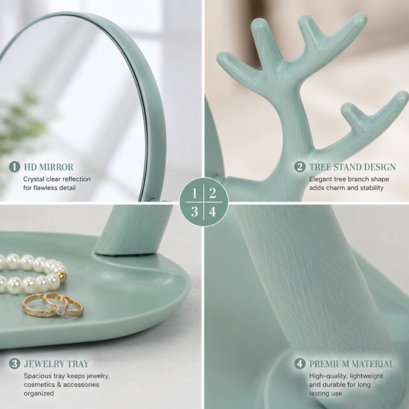 Elegant Green Tabletop Makeup Mirror with Integrated Jewelry Tray &amp; Branch-Shaped Stand