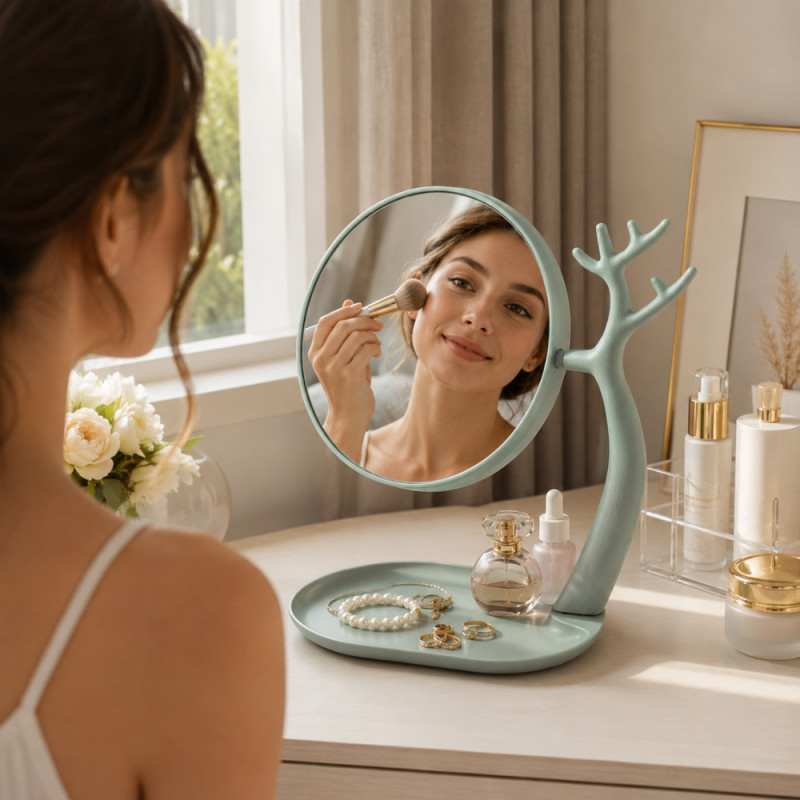 Elegant Green Tabletop Makeup Mirror with Integrated Jewelry Tray &amp; Branch-Shaped Stand