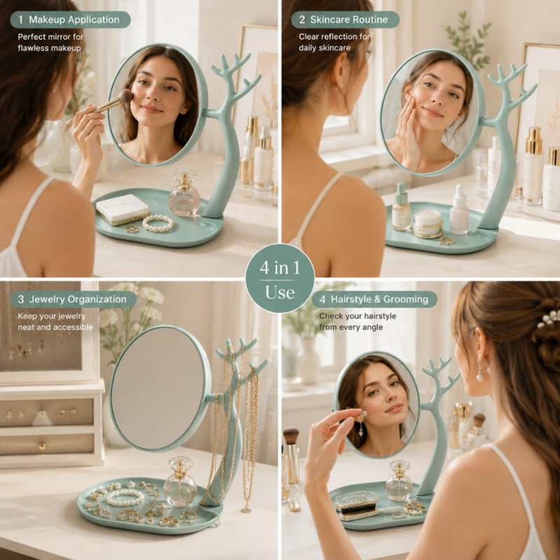 Elegant Green Tabletop Makeup Mirror with Integrated Jewelry Tray &amp; Branch-Shaped Stand