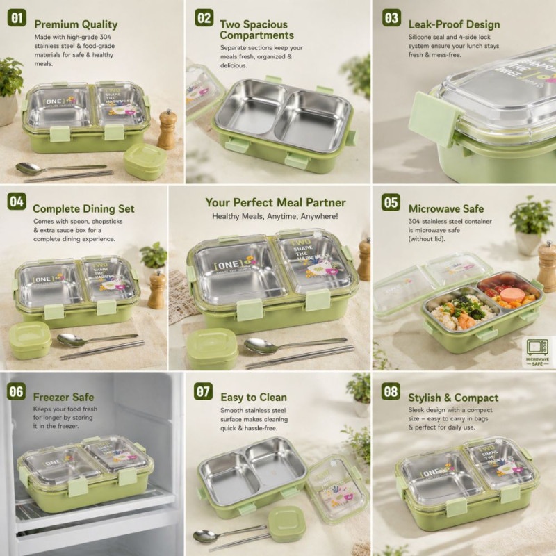 Professional KBV 2-Compartment Insulated Lunch Box – 304 Stainless Steel (20.1cm)