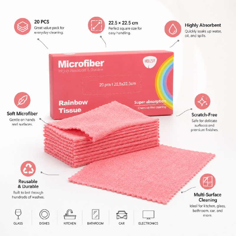 Housy Micro-Rainbow Tissue 20-Pack Disposable Microfiber Wipes – 22.5 x 22.5 cm – Dark Pink
