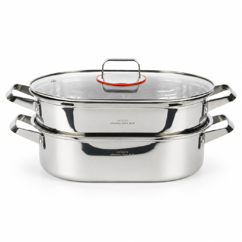stainless steel oval fish steamer pot set with a glass lid.; 46 x 17 cm; Silver