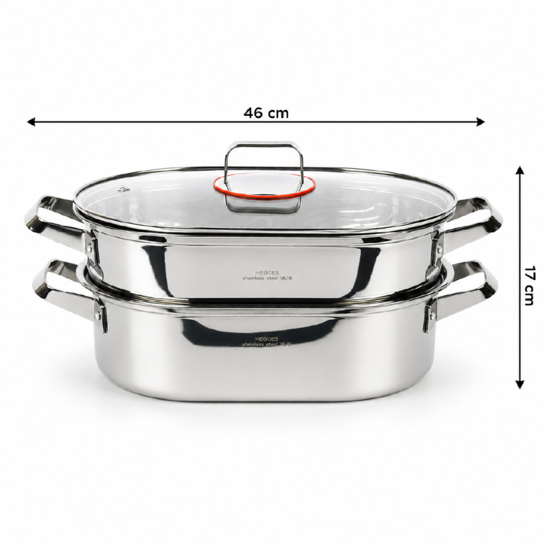 stainless steel oval fish steamer pot set with a glass lid.; 46 x 17 cm; Silver