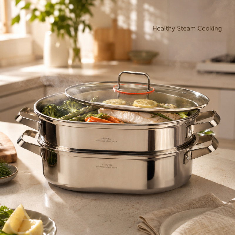 stainless steel oval fish steamer pot set with a glass lid.; 46 x 17 cm; Silver