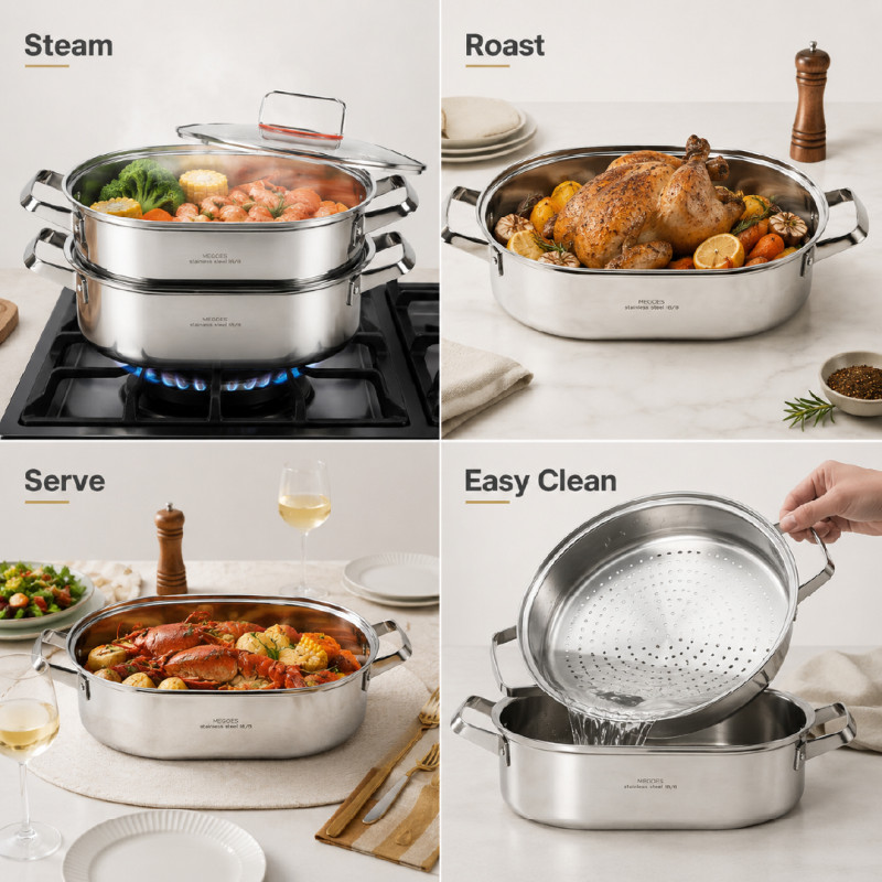 stainless steel oval fish steamer pot set with a glass lid.; 46 x 17 cm; Silver
