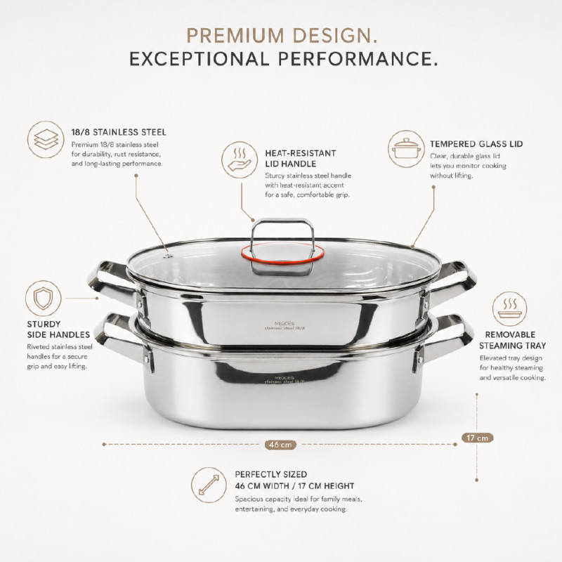 stainless steel oval fish steamer pot set with a glass lid.; 46 x 17 cm; Silver
