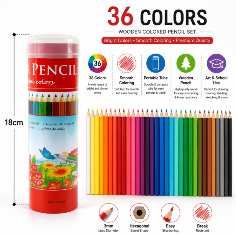 36-Color Set of Wooden Pencils in a Portable Tube – 36 Pencils