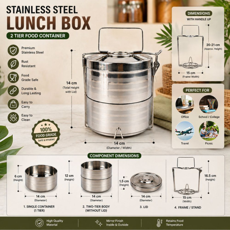 Professional Multi-Tier Stainless Steel Lunch Box – Silver (20cm)