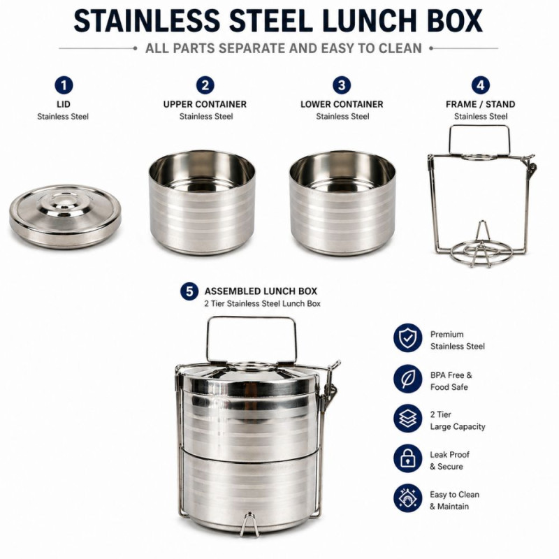 Professional Multi-Tier Stainless Steel Lunch Box – Silver (20cm)