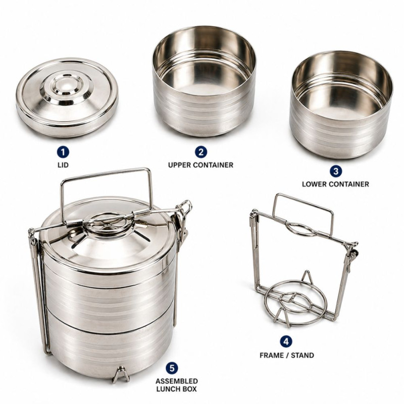 Professional Multi-Tier Stainless Steel Lunch Box – Silver (20cm)