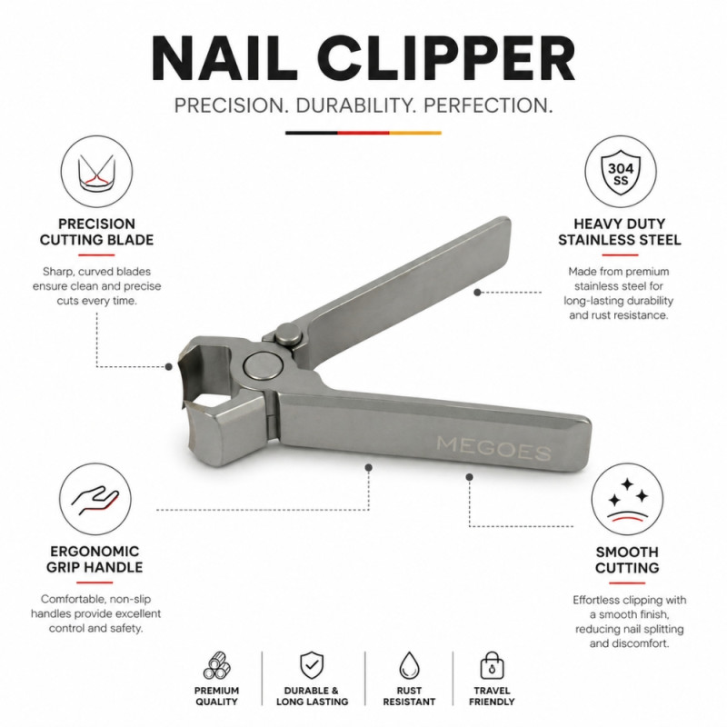 Professional MEGOES Wide-Jaw Nail Clipper – Ergonomic Silver Design (7.5cm)