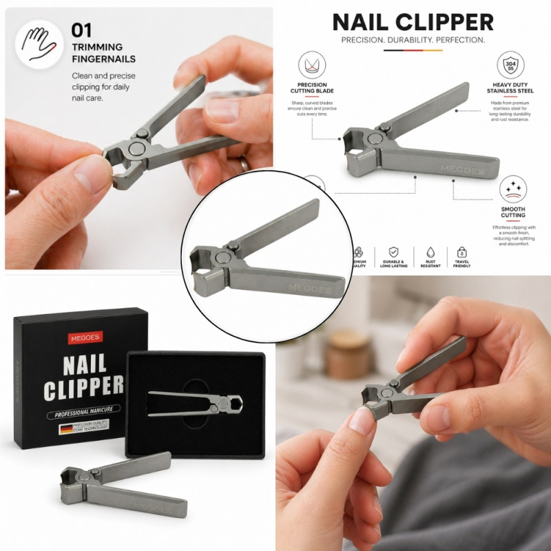 Professional MEGOES Wide-Jaw Nail Clipper – Ergonomic Silver Design (7.5cm)