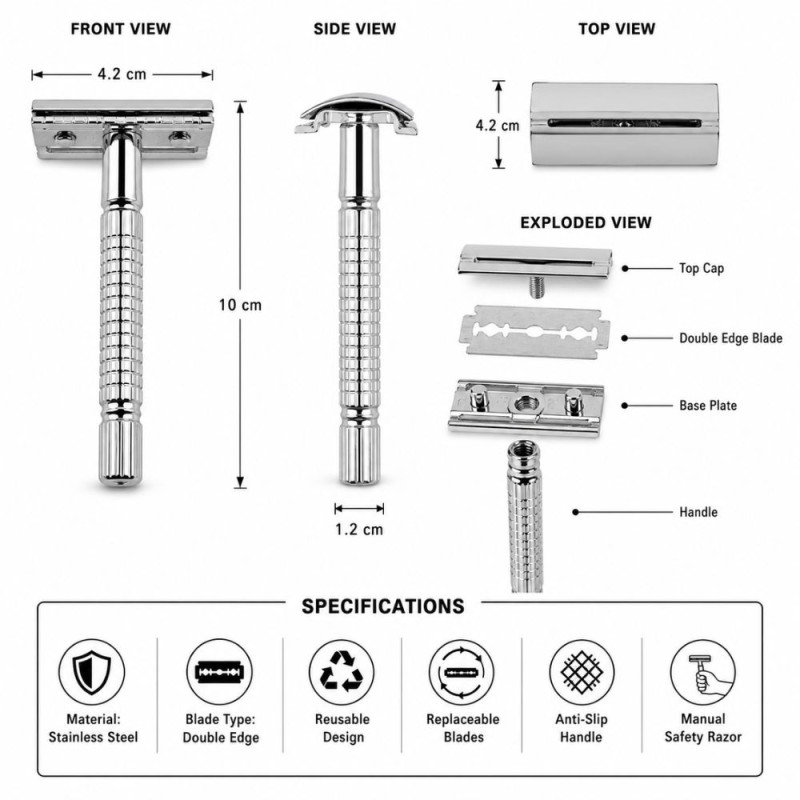 Chrome Gleam Safety Razor Designed for Precision Grooming & Style – Silver (H-10 CM)