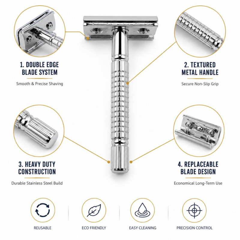Chrome Gleam Safety Razor Designed for Precision Grooming & Style – Silver (H-10 CM)