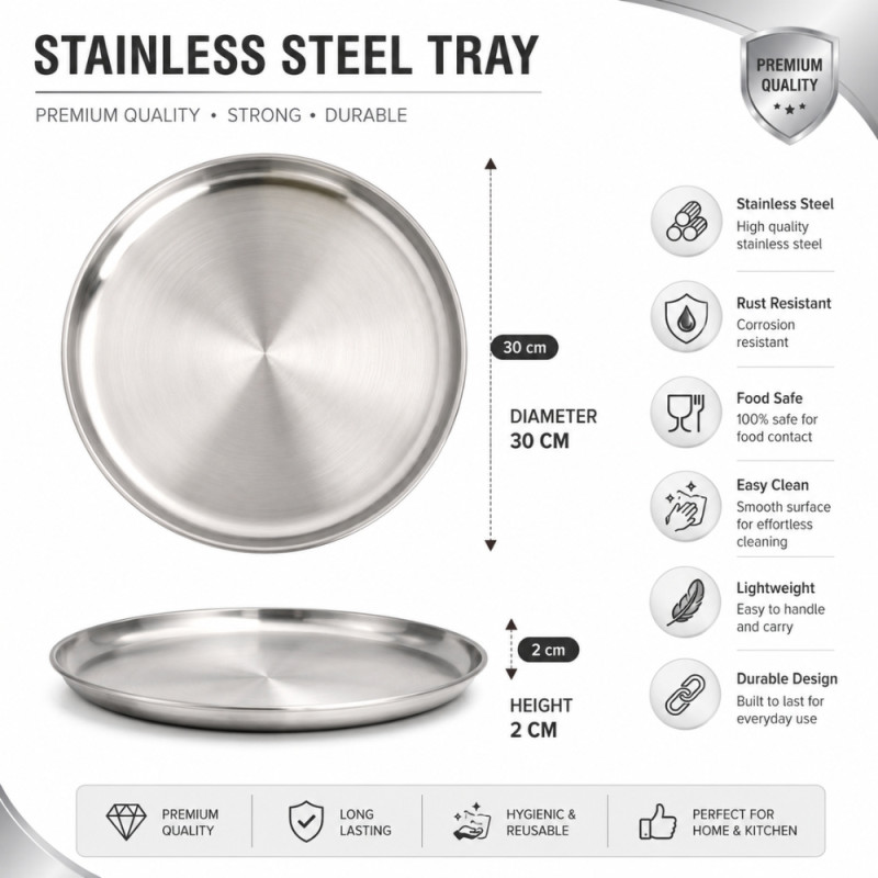 Professional Premium stainless steel round trays designed for serving food – Silver (30 x 2 cm)